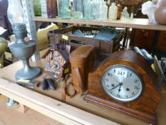 Burr maple mantle clock, handpainted cuckoo clock, pair of cased Zenith binoculars and a Hohner '