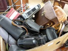 Large box of misc vintage cameras and binoculars