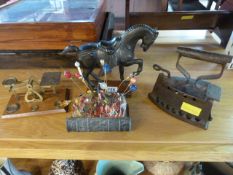 Cast iron victorian iron, pin cushion in the form of a book, set of scales and a bronzed style horse