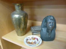 Brass vase, inlaid trinket box, Royal Crown Derby pin tray, Bust of an Egyptian etc