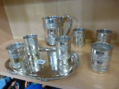 Silverplated lemonade jug with six cups, jug and tray