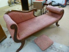 Unusual butterfly upholstered Chaise Lounge with scroll ends on Mahogany frame with matching