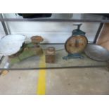 Set of antique weighing scales and one other with weights