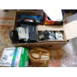 Box containing various vintage cameras and modern etc