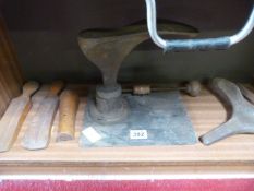 Cast Iron Cobbler shoe stand along with wooden cobbler tools