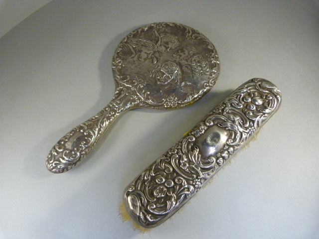 Hallmarked Silver dressing table mirror and matching brush