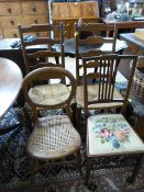 Two ladderback chairs with wicker seats, one inlaid bedroom chair and a balloon back chair