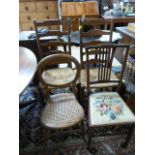 Two ladderback chairs with wicker seats, one inlaid bedroom chair and a balloon back chair