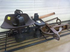 Vintage set of scales, saddle pump and a block and Tackle pulley