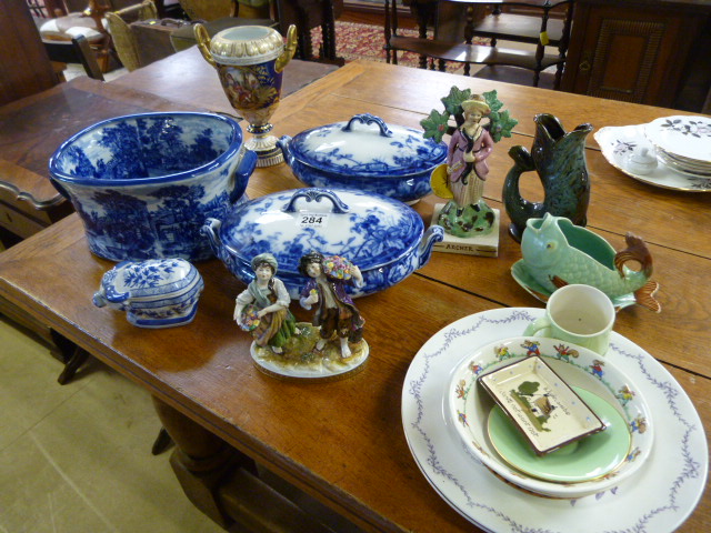 Three blue and white ironstone tureens, glug jug etc