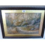 Watercolour of a shepherd and his sheep in the Woodland - signed J Wallace lower right