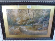 Watercolour of a shepherd and his sheep in the Woodland - signed J Wallace lower right