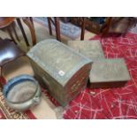 Three vintage brass bound coal boxes and brass vase