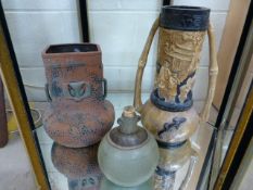 C 1890 Bretby two handled vase , one other two handled vase and a Tony Grant bottle with cork in