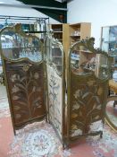 Ornate french folding screen - highly decorative with glass panelling to top. Around the glass