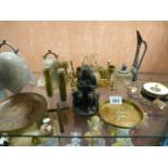 Brass Inkwell stand, two brass bells and other items etc