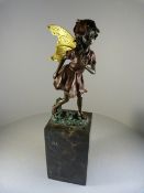 Bronze figure of a garden Fairy on tall marble plinth