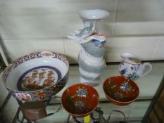 Imari style japanese handpainted bowl, along with two painted rice bowls and an oriental vase,