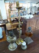 Freestanding Ashtray on barley Twist stem, three various oil lamps