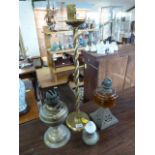 Freestanding Ashtray on barley Twist stem, three various oil lamps