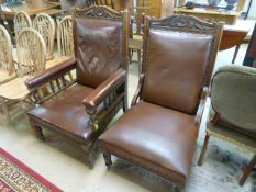 Oak framed pair His and Hers low bedroom chairs with leather upholstery