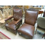 Oak framed pair His and Hers low bedroom chairs with leather upholstery