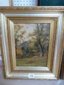 Oil on board in Gilt frame depicting 'Sheep in Woodland' by P. Buchanan - framed and signed