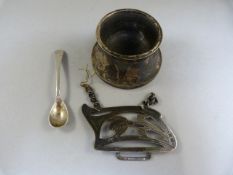 Hallmarked silver salt with spoon and half a hallmarked silver nurses buckle