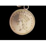 A Gold 1 dollar coin 1889 designer James B. Longacre and fineness 0.9000. With gold coloured pin