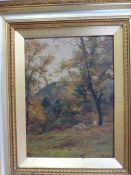 Oil on board in Gilt frame depicting 'Sheep in Woodland' by P. Buchanan - framed and signed