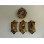 Three Lozenge hand painted porcelain miniatures along with one other handpainted miniature mounted