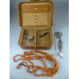 Box containing coral necklace with base metal clasp, Chain containing various three pence silver