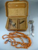 Box containing coral necklace with base metal clasp, Chain containing various three pence silver