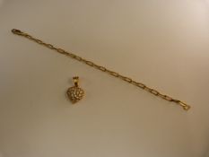 9ct Gold Heart pendant set with CZ approx 15mm wide with approx a 3.4mm wide trace link bracelet -