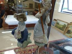 Lladro figure of a girl carrying Posies and a figure of a servant girl