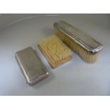 Hallmarked silver clothes brush, silverplated small box and one other brush