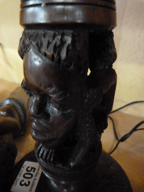 Two carved African Antelope heads, a carved African lamp base and carved African sculpture - Image 7 of 8