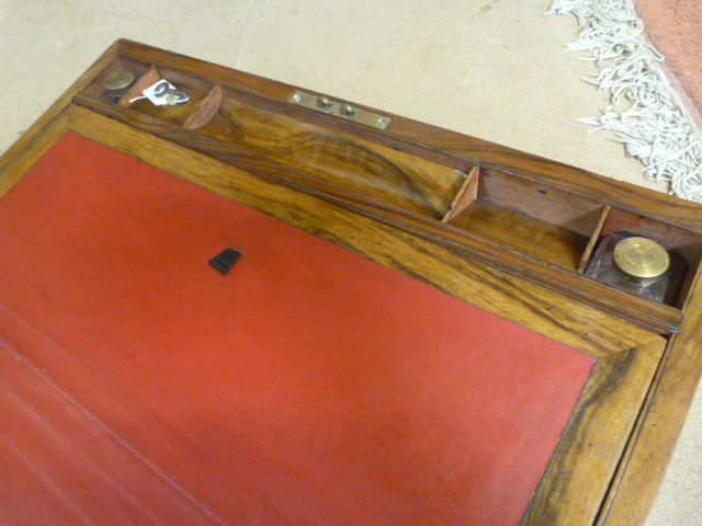 Fine example of a Walnut brass bound writing slope with red leather inlay and two matching glass - Image 2 of 6