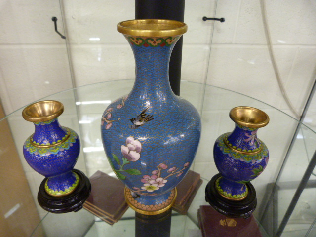 Pair of blue ground Cloisonne vases and a Larger blue Cloisonne vase depicting flowers - Image 2 of 2
