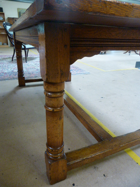Golden oak french refectory farmhouse style table. The top formed of three panels sitting on heavy - Image 10 of 18