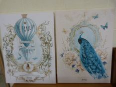 Pair of modern prints - one of a Hot Air Balloon and one of a peacock