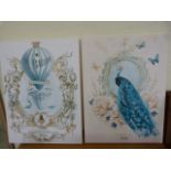 Pair of modern prints - one of a Hot Air Balloon and one of a peacock