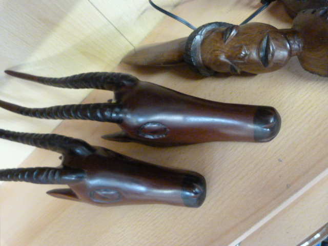 Two carved African Antelope heads, a carved African lamp base and carved African sculpture - Image 2 of 8