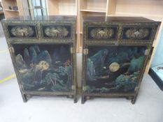 Pair of Chinese cabinets with black lacquer and painted scenes