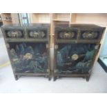 Pair of Chinese cabinets with black lacquer and painted scenes