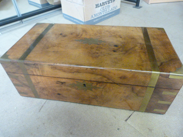 Fine example of a Walnut brass bound writing slope with red leather inlay and two matching glass - Image 3 of 6