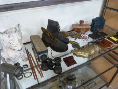 Victorian collector items - to include childrens shoes, tin, cast iron dog, note books and other