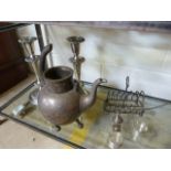 Pair of Silverplated candlesticks, teapot A/F and toast rack etc