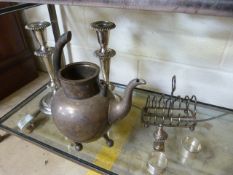 Pair of Silverplated candlesticks, teapot A/F and toast rack etc