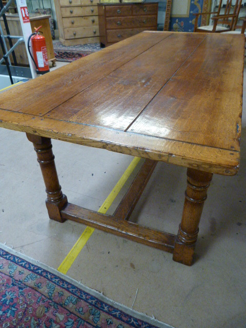 Golden oak french refectory farmhouse style table. The top formed of three panels sitting on heavy - Image 14 of 18
